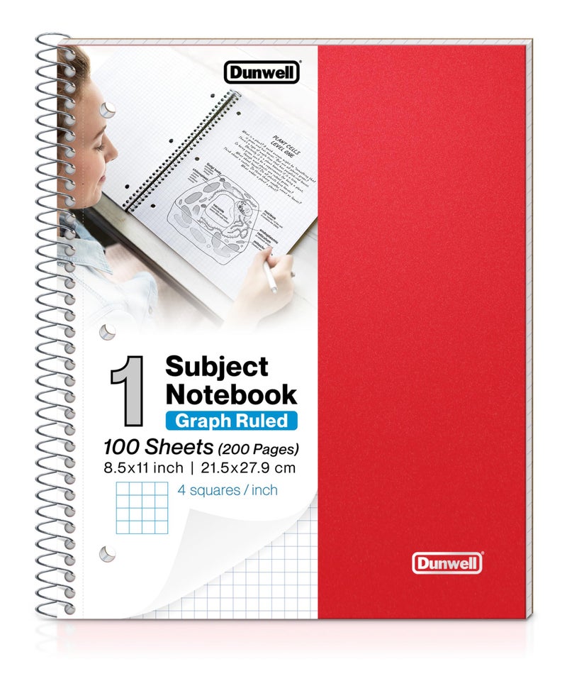 Dunwell Graph Ruled Notebook 4x4 (Red) Plastic Cover, 100 Sheets, 1 Subject Graph Paper Notebook 8.5 x 11, 1/4 In Grid Graphing Notebook, Graph Paper Spiral Notebook, Durable Poly Divider with Pockets - Image 1